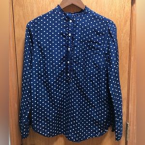 Womens Size 8 J. Crew Long Sleeve Button-up Blouse Navy with Polla Dots